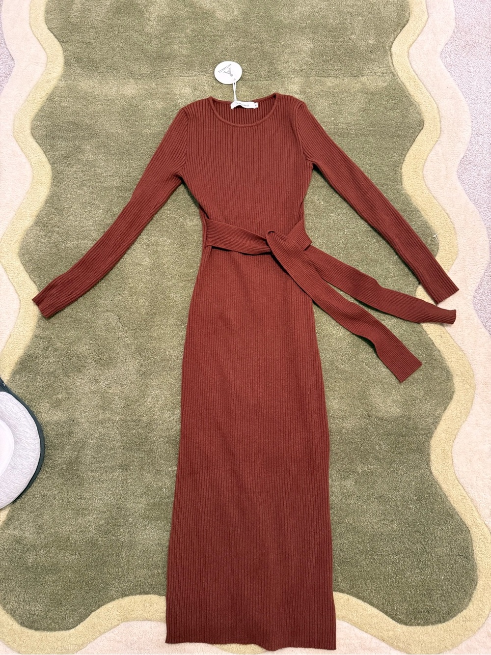 Ribbed Long-Sleeve Midi Dress with Waist Tie - Rust/Brown NWT